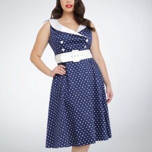 Torrid Retro Chic Nautical Navy & White Polka Dot Sailor Pinup Swing Dress 16 1X